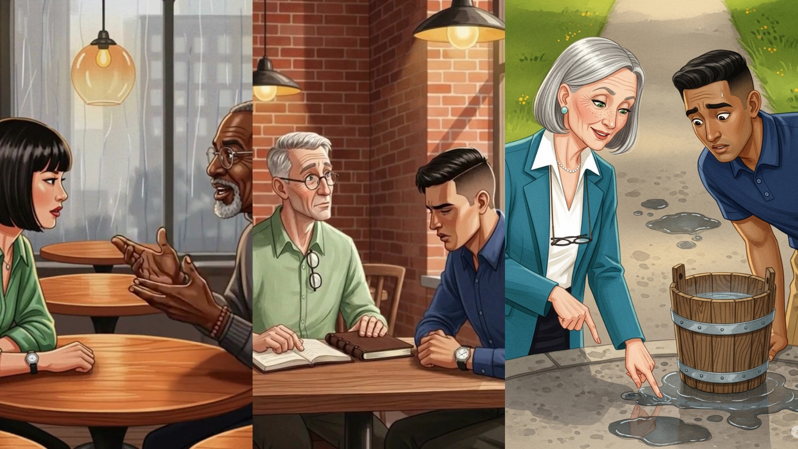Illustrated scenes used in the training material showing everyday money conversations