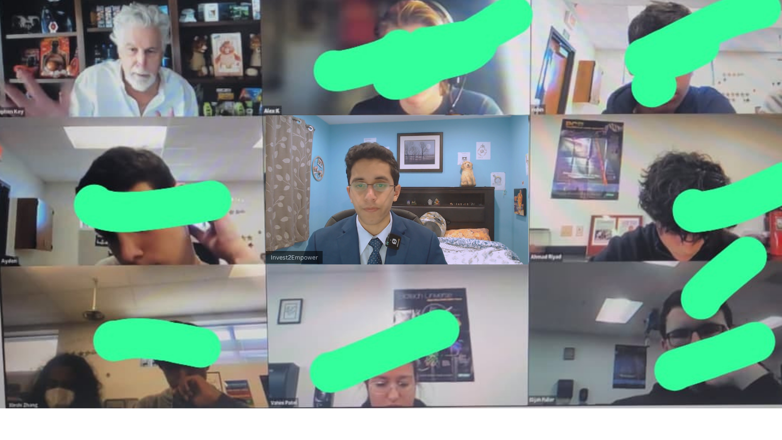Grid of participants in a large online workshop with a founder presenting