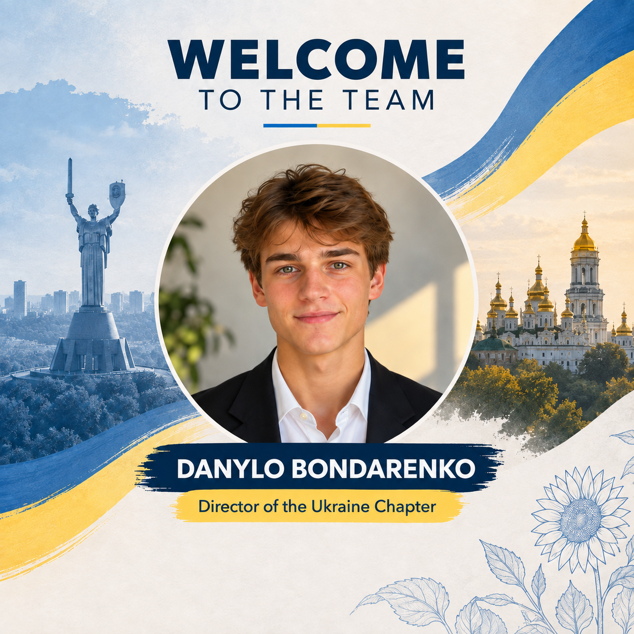 Welcome graphic for Danylo Bondarenko, Director of the Ukraine chapter